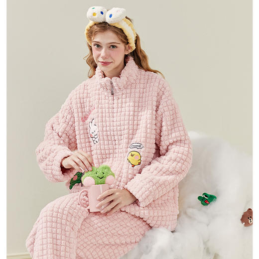 芬腾女睡衣珊瑚绒立领拉链秋冬加厚套装布朗熊新款保暖大码家居服 商品图0