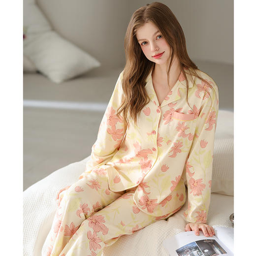 100%纯棉睡衣女秋季长袖开衫套装居家服 芬腾 商品图1