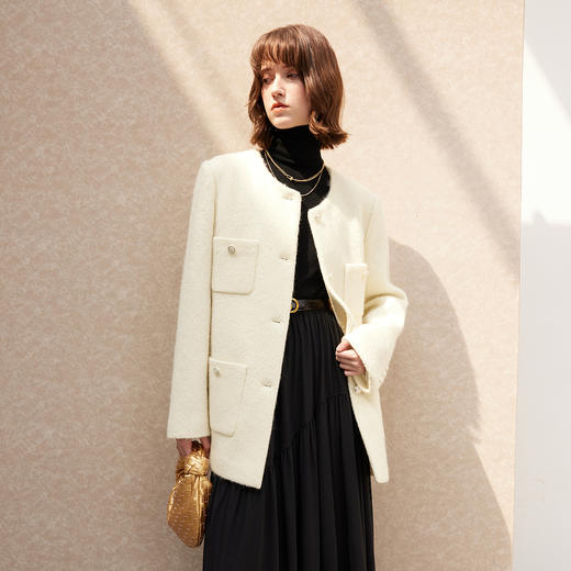 三彩2024冬新款香风外套绵羊毛夹棉毛呢大衣中长正肩圆领优雅女S 商品图1