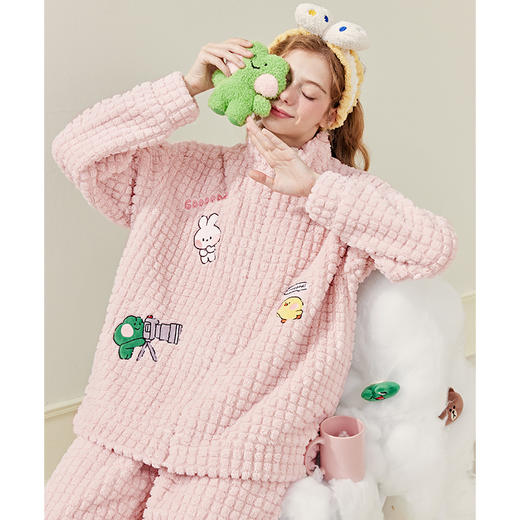 芬腾女睡衣珊瑚绒立领拉链秋冬加厚套装布朗熊新款保暖大码家居服 商品图3