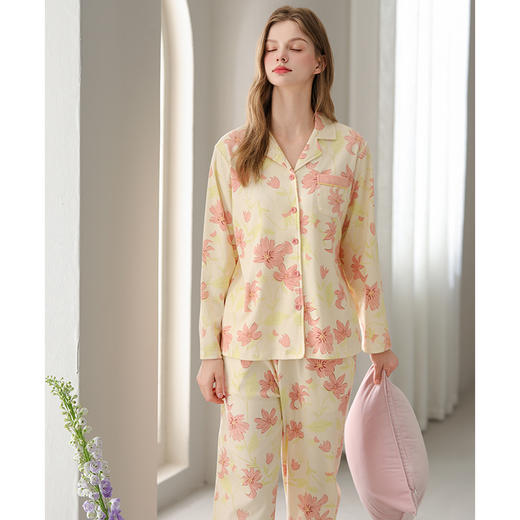 100%纯棉睡衣女秋季长袖开衫套装居家服 芬腾 商品图3