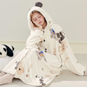 芬腾珊瑚绒女士睡袍秋冬季加厚连帽睡衣新款保暖法兰绒家居服浴袍