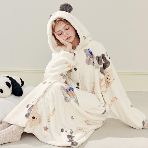 芬腾珊瑚绒女士睡袍秋冬季加厚连帽睡衣新款保暖法兰绒家居服浴袍 商品图0