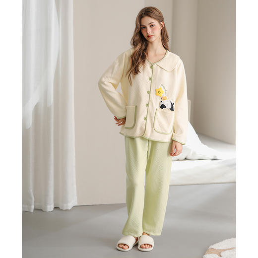 芬腾睡衣空气夹层针织薄夹棉女秋冬季长袖套装女款休闲加厚家居服 商品图4