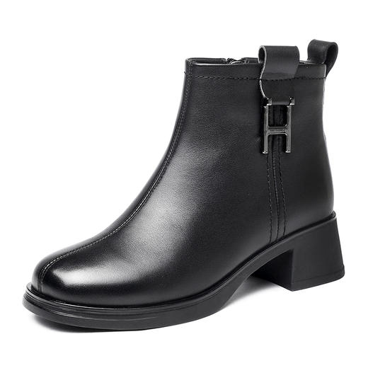 信诺真皮舒适短靴女款粗跟瘦瘦靴2024冬季新款加绒妈妈棉鞋女皮鞋M321-1D 商品图3