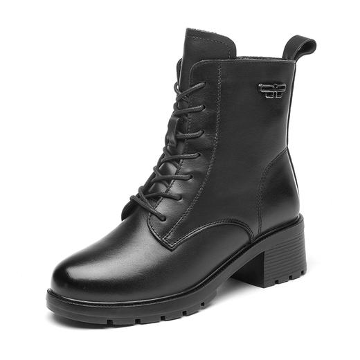 信诺舒适真皮女鞋2024新款冬季加绒时装靴粗跟系带短靴妈妈棉鞋女X24M124-79 商品图4