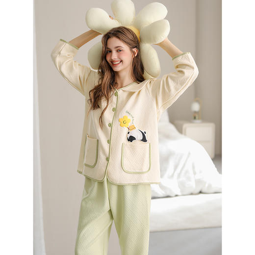 芬腾睡衣空气夹层针织薄夹棉女秋冬季长袖套装女款休闲加厚家居服 商品图3