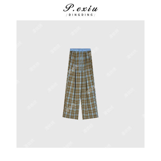 潘依绣丁丁宠粉福利松紧腰格子撞色抽绳直筒休闲裤Q3332 商品图0