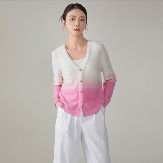 【hrf】全新升级【铂金会员367/天猫499/差价132】(34422) 洛诗琳秋冬女装渐变色长袖开衫羊绒混纺针织毛衣外套 商品图2