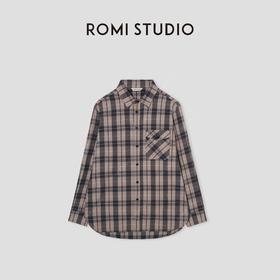 ROMI STUDIO“美式复古”*棉磨毛格纹翻领落肩宽松衬衣 441C1118