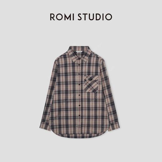 ROMI STUDIO“美式复古”*棉磨毛格纹翻领落肩宽松衬衣 441C1118 商品图0