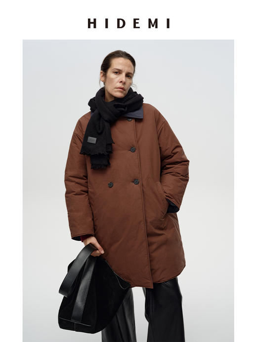 HIDEMI 极简廓形蓝棕撞色双面正反两穿式加厚超保暖翻领棉服大衣 商品图5