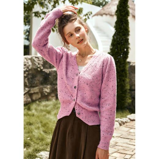 OLrain欧芮儿粉色毛衣开衫女秋季2024新款法式V领泡泡袖针织上衣 商品图3