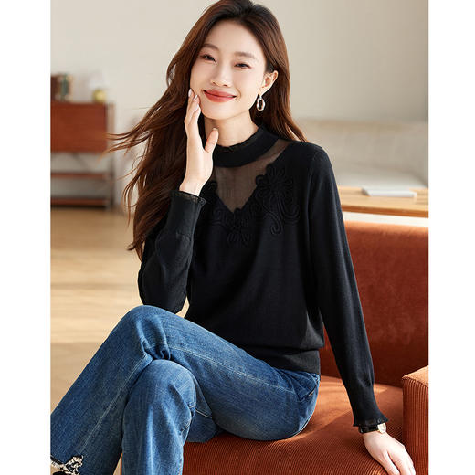 CC2024秋冬新款半高领软糯针织衫女修身毛衣薄款内搭中领网纱打底衫 商品图3