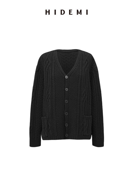 HIDEMI进口澳洲美利奴羊毛粗针绞花设计感加厚款廓形v领纽扣开衫毛衣外套 黑色|烟灰色 商品图10