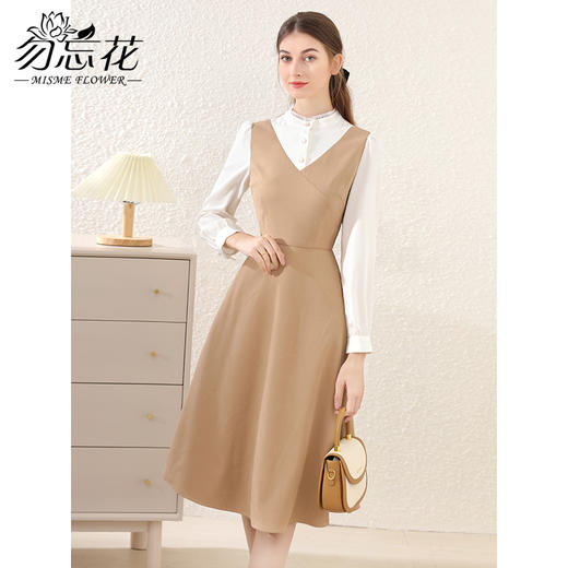 勿忘花卡其色法式减龄连衣裙女装2025春季新款背心裙气质打底裙子 商品图2