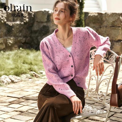 OLrain欧芮儿粉色毛衣开衫女秋季2024新款法式V领泡泡袖针织上衣 商品图0