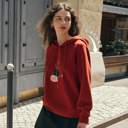 欧芮儿红色连帽卫衣女秋季2024年新款宽松慵懒复古刺绣帽衫上衣 商品图1