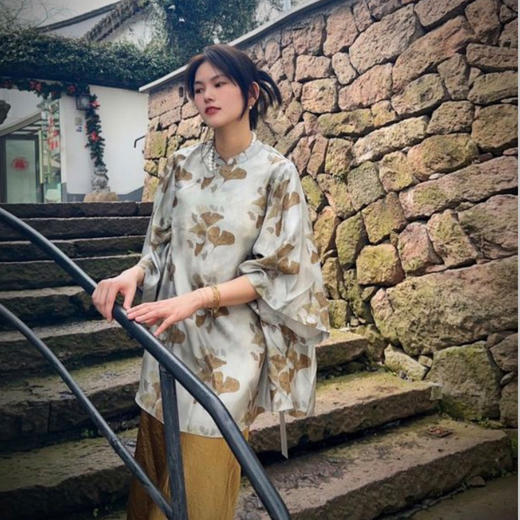 【顺丰包邮】11616 洛诗琳轻奢斜纹绸锻真丝印花新中式宽松衬衫0255 商品图1