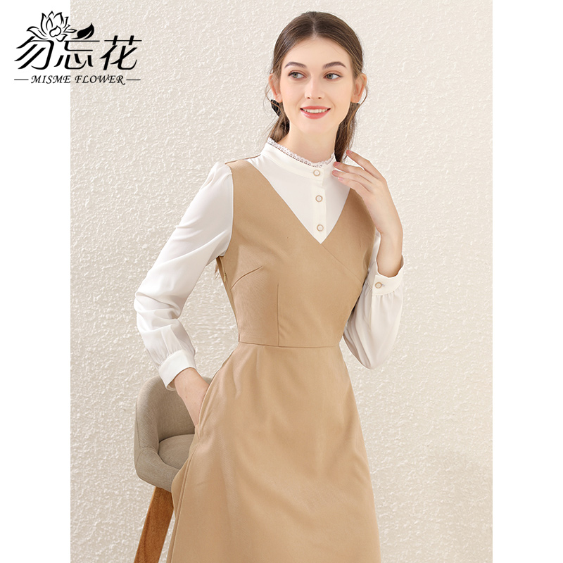 勿忘花卡其色法式减龄连衣裙女装2025春季新款背心裙气质打底裙子
