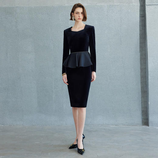 IWY/方领职业气质假两件连衣裙黑色秋季正装显瘦通勤裙子Q1208 商品图0