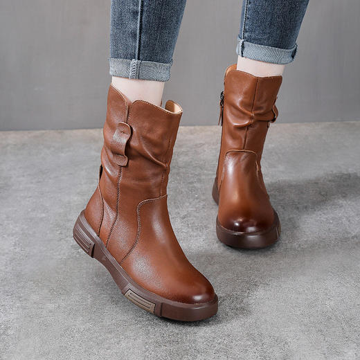 YR1988头层牛皮中筒马丁靴女秋冬新款棉靴平底中筒靴复古圆头骑士单靴子 商品图0