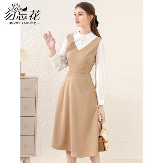 勿忘花卡其色法式减龄连衣裙女装2025春季新款背心裙气质打底裙子 商品图3