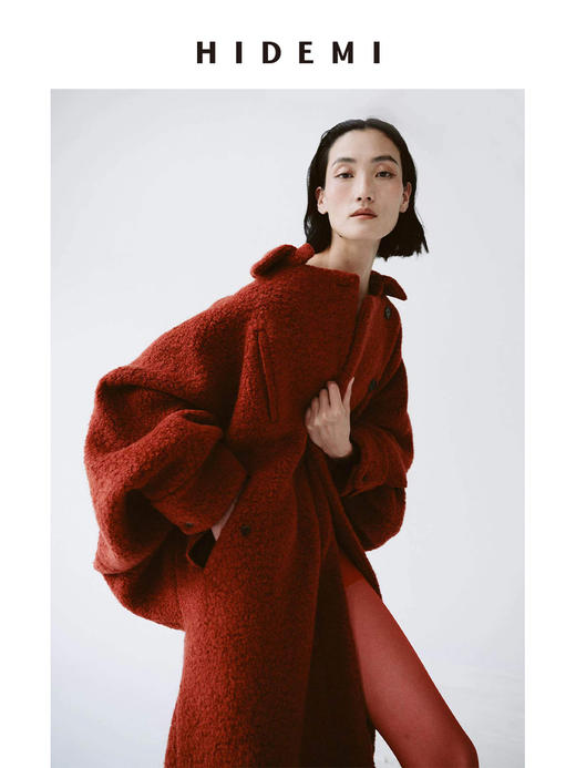 HIDEMI甄选艺术肌理感羊毛粗呢翻领斗篷式大廓形蝙蝠袖长款大衣 马斯正红/深摩卡棕 商品图0