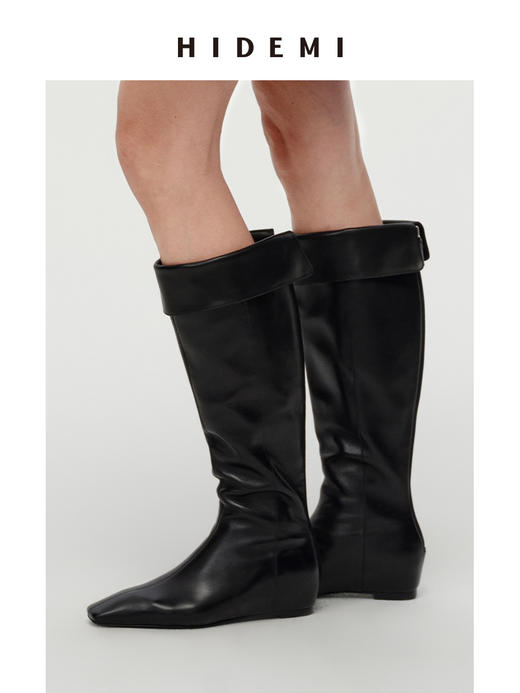 HIDEMI【当当同款】经典尖方头内增高系列高筒翻折设计感进口胎牛皮长靴 商品图4