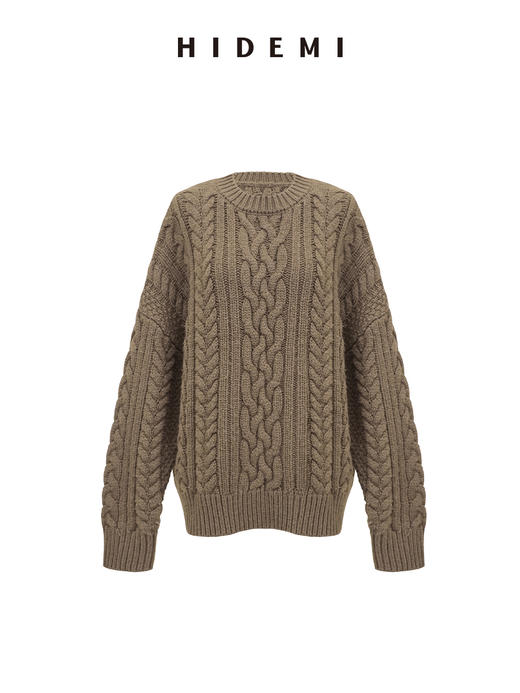 HIDEMI进口澳洲美利奴羊毛粗棒针绞花花针加厚款廓形宽松圆领套头大毛衣 鼠尾草灰绿|复古红棕 商品图9