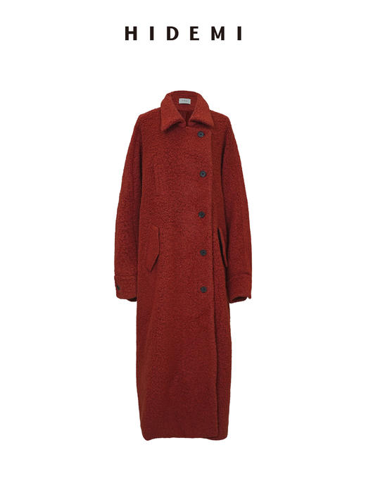 HIDEMI甄选艺术肌理感羊毛粗呢翻领斗篷式大廓形蝙蝠袖长款大衣 马斯正红/深摩卡棕 商品图5