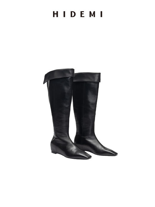 HIDEMI【当当同款】经典尖方头内增高系列高筒翻折设计感进口胎牛皮长靴 商品图7