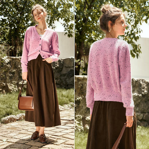 OLrain欧芮儿粉色毛衣开衫女秋季2024新款法式V领泡泡袖针织上衣 商品图1