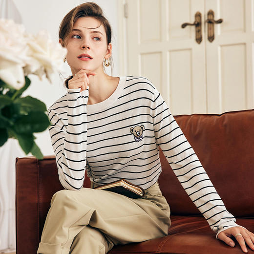 
OLrain欧芮儿法式条纹针织衫女秋季2024年新款宽松丝光棉打底上衣 商品图1