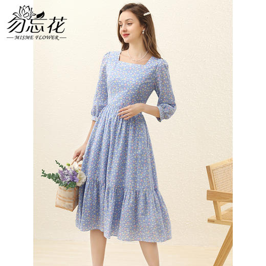 勿忘花蓝色纯棉时尚碎花方领连衣裙女士2024秋季新款气质职场裙子 商品图2