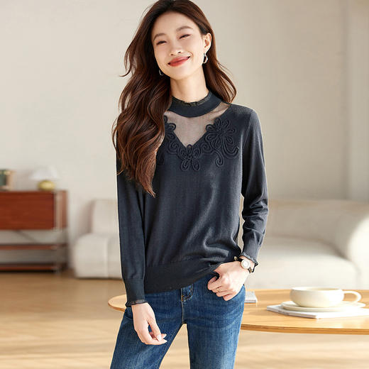 CC2024秋冬新款半高领软糯针织衫女修身毛衣薄款内搭中领网纱打底衫 商品图2