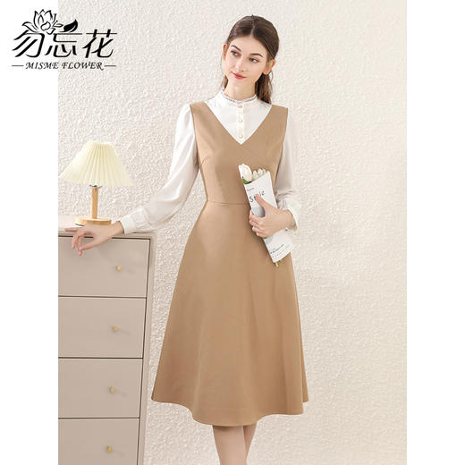 勿忘花卡其色法式减龄连衣裙女装2025春季新款背心裙气质打底裙子 商品图1