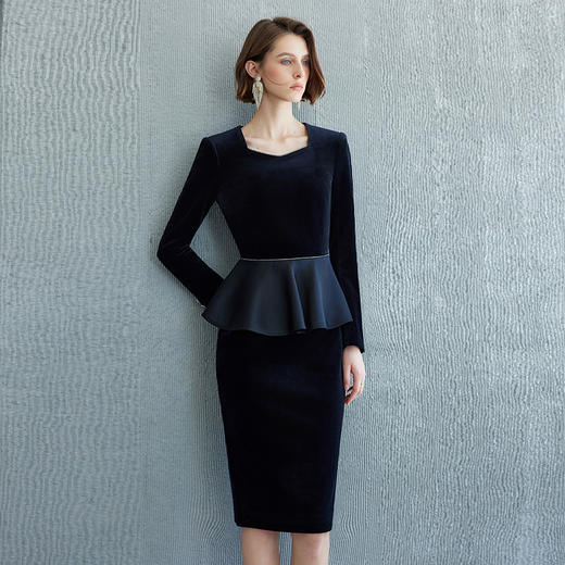 IWY/方领职业气质假两件连衣裙黑色秋季正装显瘦通勤裙子Q1208 商品图3