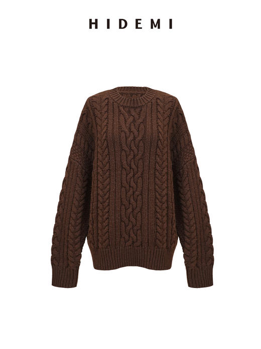 HIDEMI进口澳洲美利奴羊毛粗棒针绞花花针加厚款廓形宽松圆领套头大毛衣 鼠尾草灰绿|复古红棕 商品图8