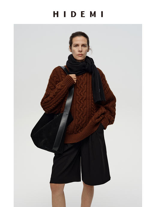 HIDEMI进口澳洲美利奴羊毛粗棒针绞花花针加厚款廓形宽松圆领套头大毛衣 鼠尾草灰绿|复古红棕 商品图3