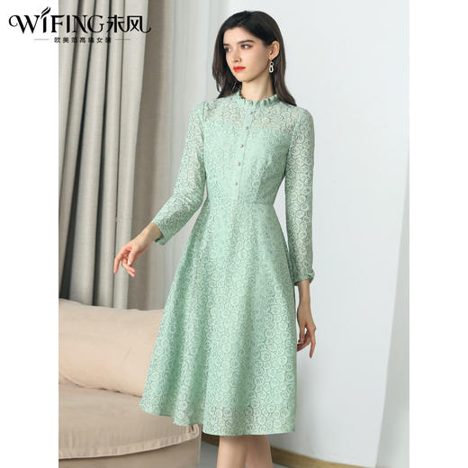 未风绿色蕾丝连衣裙女秋2024年秋季新款女装气质高腰减龄长袖裙子 商品图0