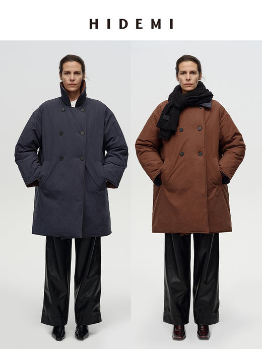 HIDEMI 极简廓形蓝棕撞色双面正反两穿式加厚超保暖翻领棉服大衣 商品图0