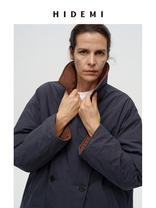 HIDEMI 极简廓形蓝棕撞色双面正反两穿式加厚超保暖翻领棉服大衣 商品图2