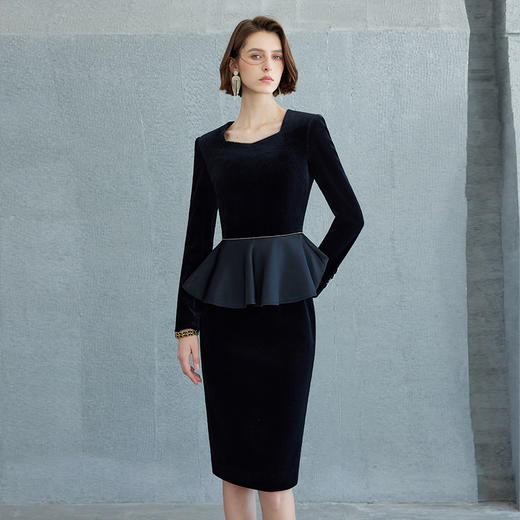 IWY/方领职业气质假两件连衣裙黑色秋季正装显瘦通勤裙子Q1208 商品图1