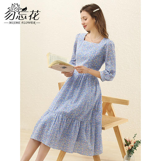 勿忘花蓝色纯棉时尚碎花方领连衣裙女士2024秋季新款气质职场裙子 商品图1
