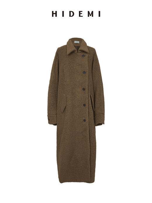 HIDEMI甄选艺术肌理感羊毛粗呢翻领斗篷式大廓形蝙蝠袖长款大衣 马斯正红/深摩卡棕 商品图6