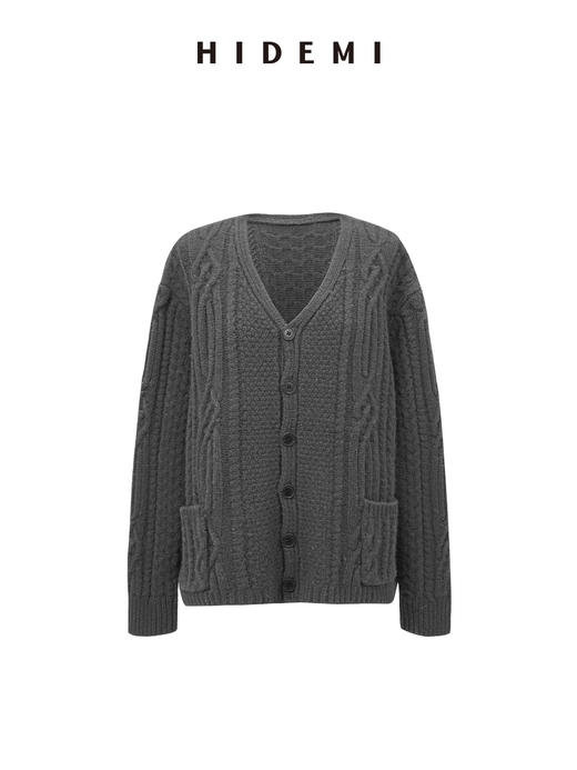 HIDEMI进口澳洲美利奴羊毛粗针绞花设计感加厚款廓形v领纽扣开衫毛衣外套 黑色|烟灰色 商品图11