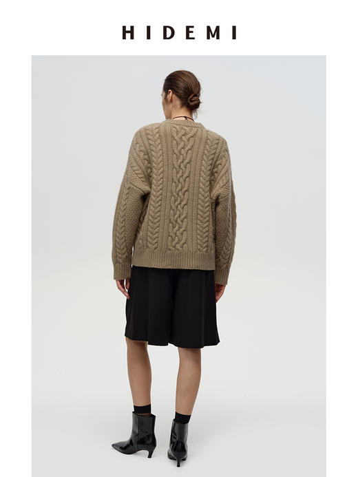 HIDEMI进口澳洲美利奴羊毛粗棒针绞花花针加厚款廓形宽松圆领套头大毛衣 鼠尾草灰绿|复古红棕 商品图5