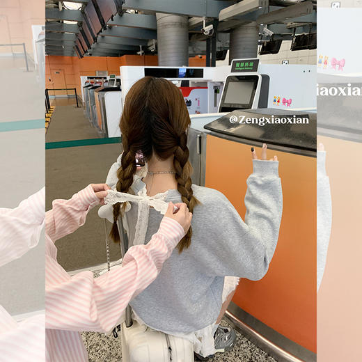 <曾小咸推荐>【韩系简约白色蝴蝶结花灰色卫衣 商品图1