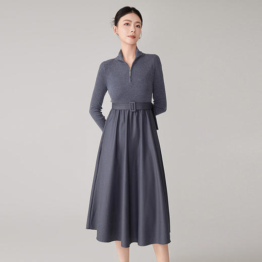 【hr】全新升级【铂金会员367/天猫499/差价132】(32714) 洛诗琳2024初秋新款时尚洋气长袖收腰高领拼接针织连衣裙 商品图1